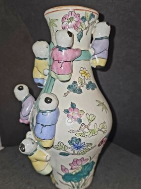 Hand-Painted Porcelain Floral Vase with Colorful Figurines - White
